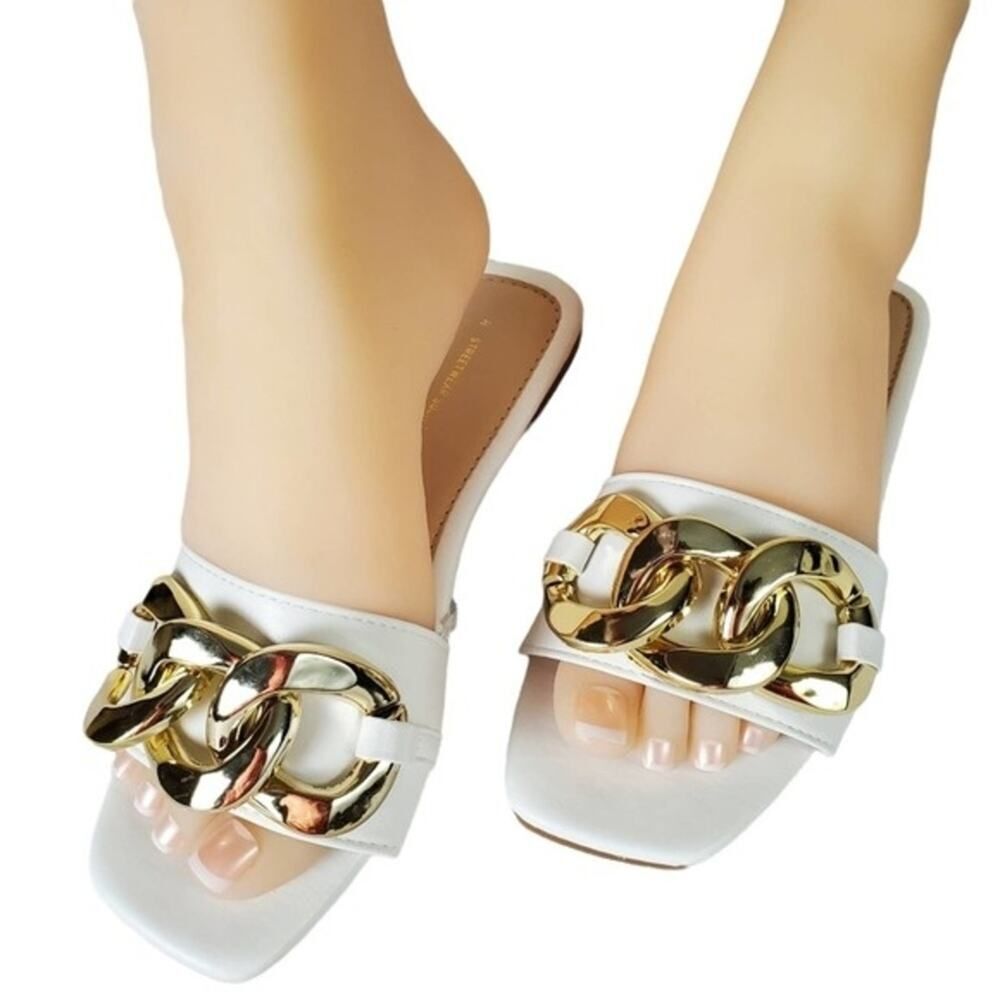 Large Chain Band Faux Leather Square Toe Flat Sandals Shoes